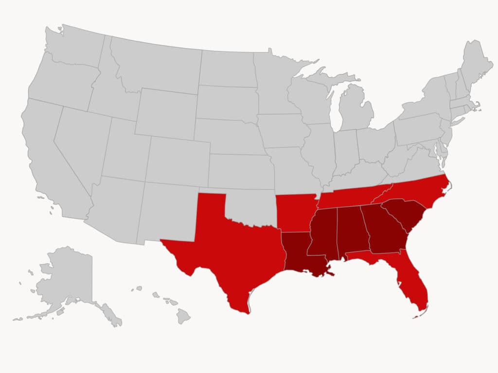 map showing modern depiction of what most consider the southern united states, with deep southern states in dark red.