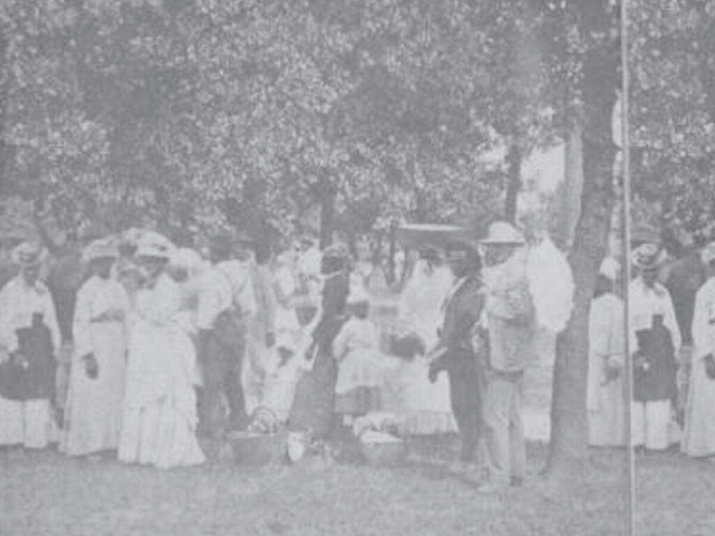 a group of people standing in a park in 1874 