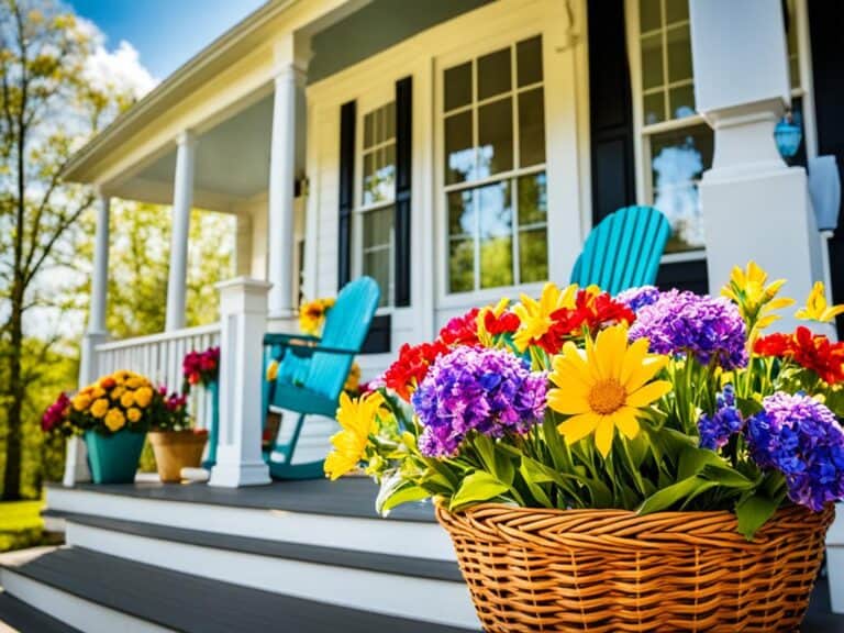 A colorful basket of flowers adorns the porch of a cozy home, adding a touch of beauty and charm.