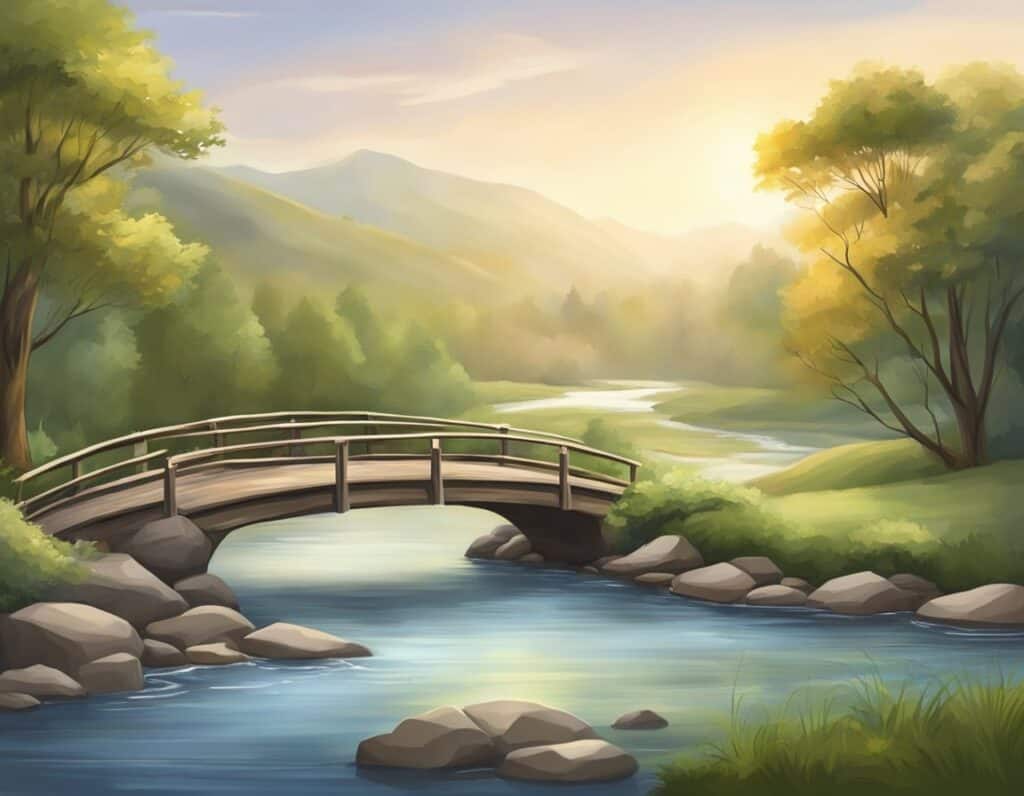 A serene landscape with a flowing river and a bridge symbolizing the journey of forgiveness and grace