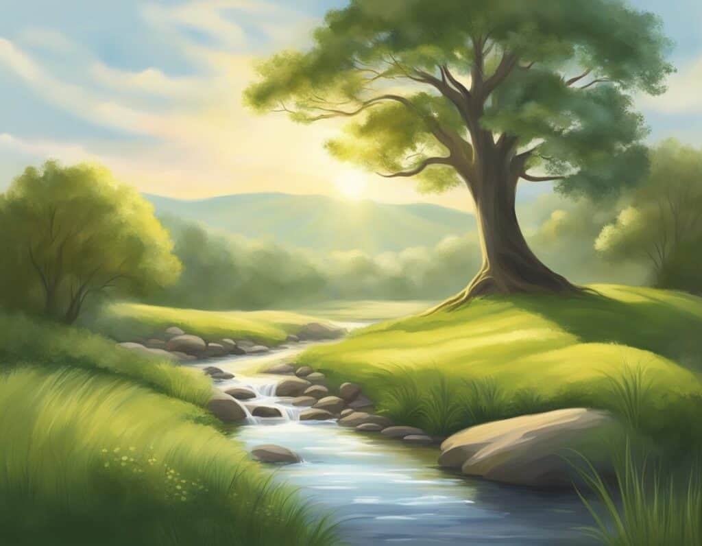 A serene landscape with a gentle stream flowing through lush greenery, bathed in soft, warm sunlight. A lone tree stands tall, symbolizing forgiveness and grace