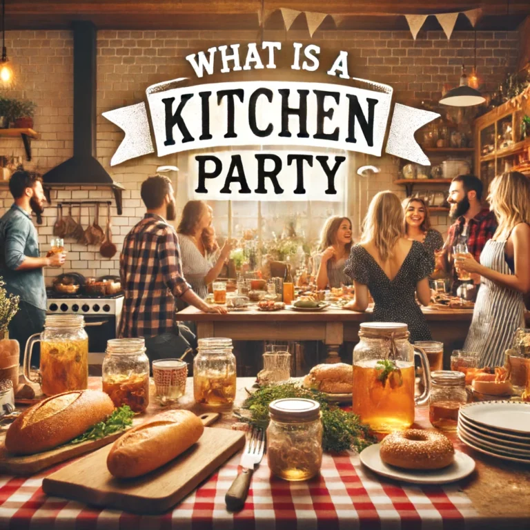 A warm and inviting kitchen scene with a group of friends or family to answer 'What is a Kitchen Party?'.