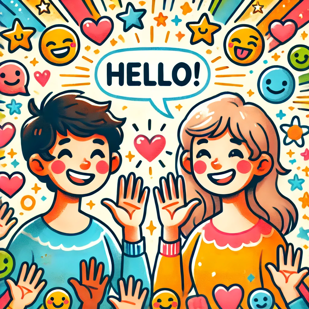 a cartoon of a boy and girl with hands up waving to represent southern phrases for hello