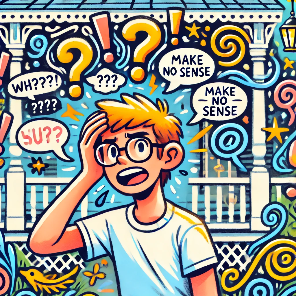 a cartoon of a boy with glasses puzzled representing southern phrases that make no sense.