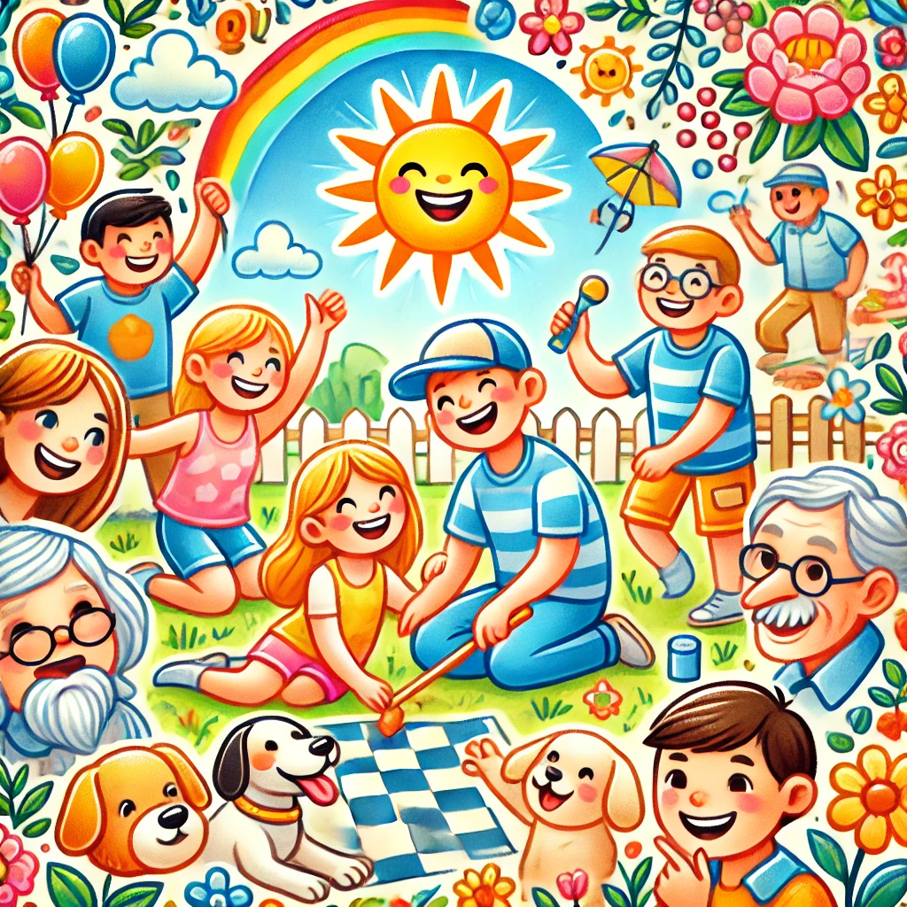 colorful cartoon of children playing representing southern phrases for being happy