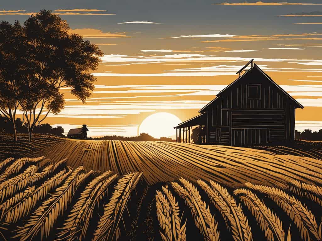 a farm with a barn and a tree representing a patchwork quilt cartoon image of a farm and fields representing a cartoon of a sunflower scarecrow representing how farming shaped Southern sayings.