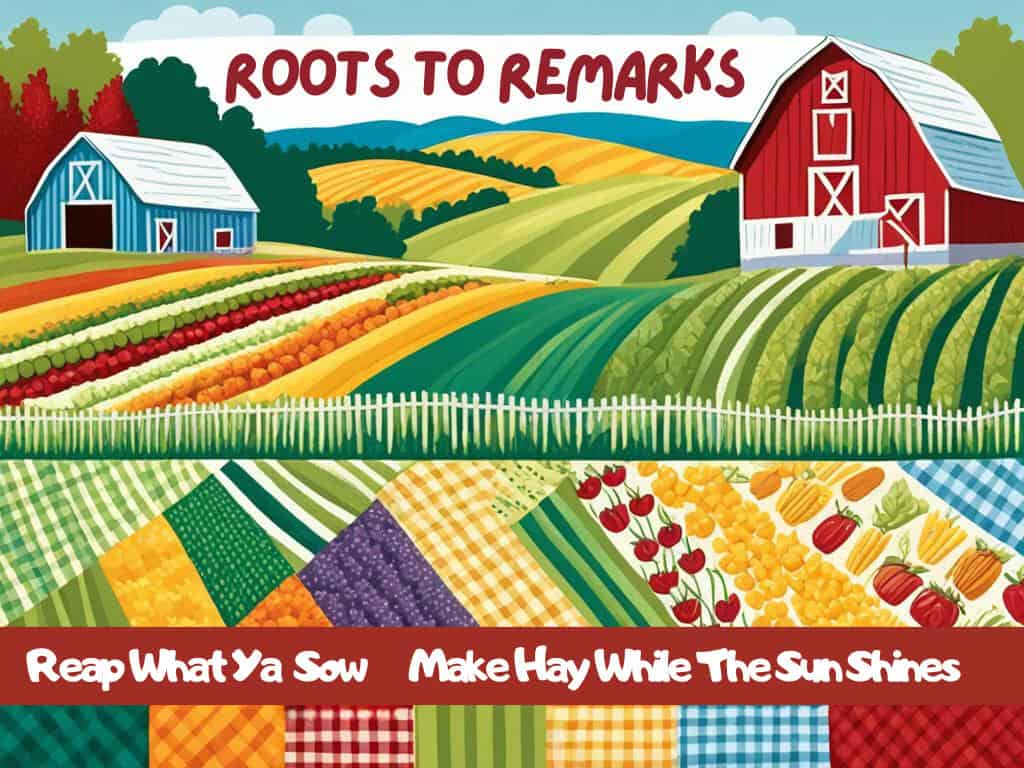 a patchwork quilt cartoon image of a farm and fields representing a cartoon of a sunflower scarecrow representing how farming shaped Southern sayings.