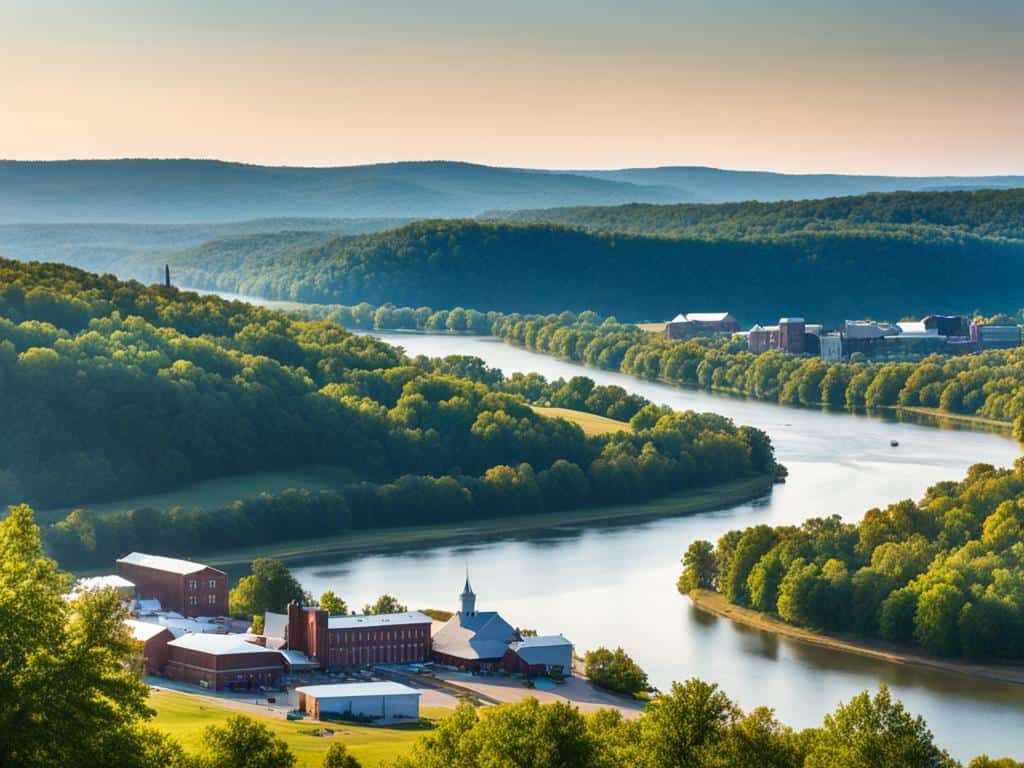 panaramic view of Ozarks with a small town in the valley to represent Is Arkansas a Southern State