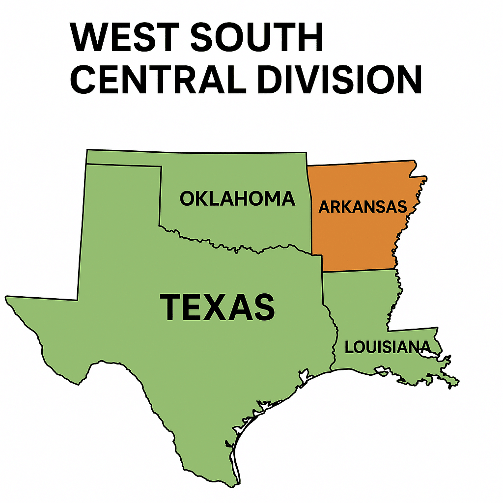 Map showing the The U.S. Census Bureau classifies Arkansas, Louisiana, Oklahoma, and Texas together in the West South Central Division of the Southern United States.