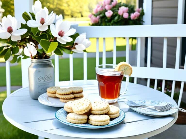 A white picket fence and a jar of magnolia blooms with a glass of sweet tea and a plate of freshly baked biscuits on a small table.