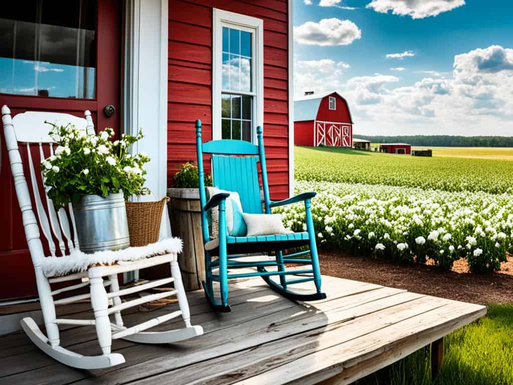 Two Rocking Chairs overlooking a field of crops to answer the question, Is Oklahoma a Southern State, and Is Arkansas a Southern State