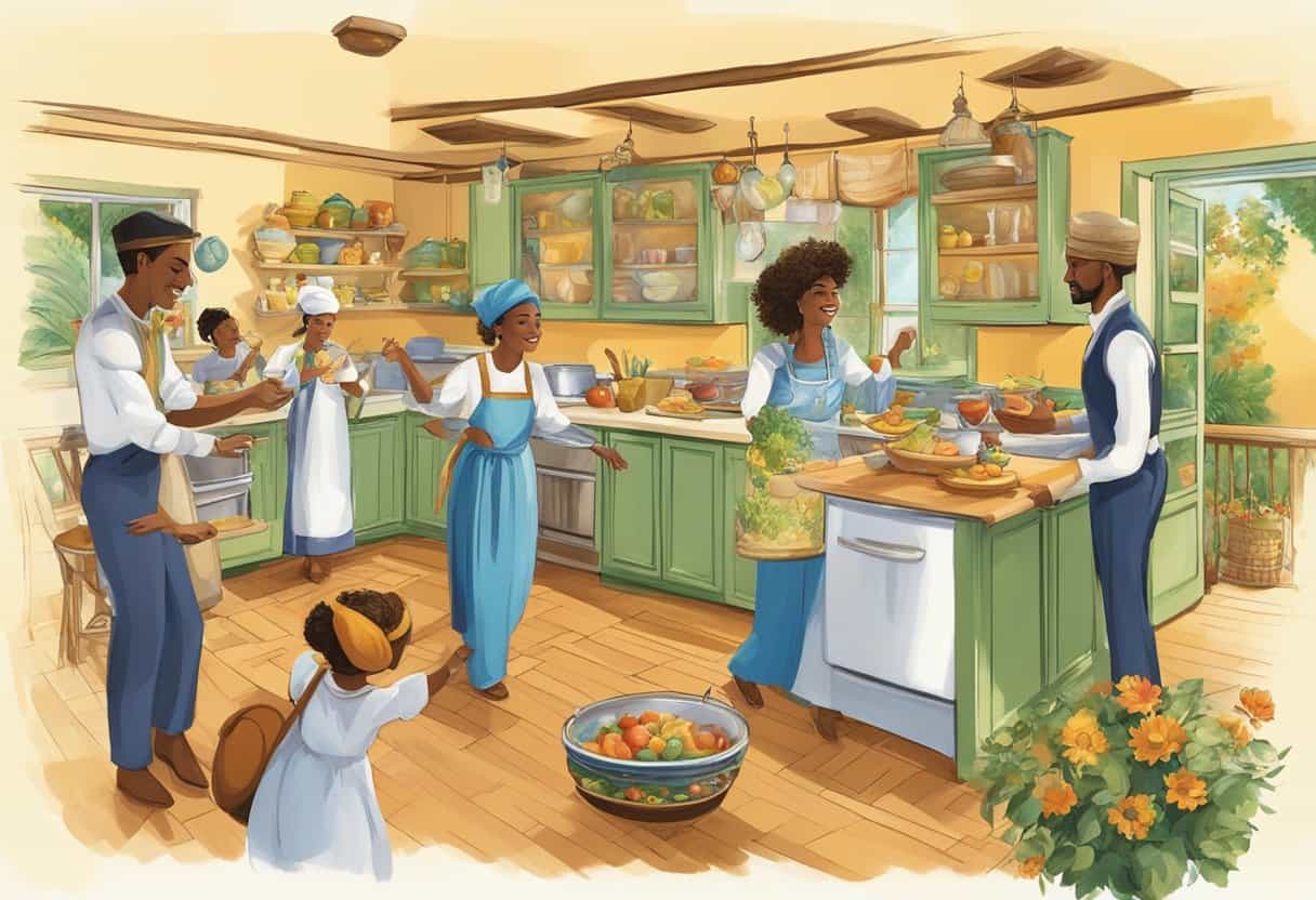 A lively kitchen scene with instruments, dancing, and laughter.