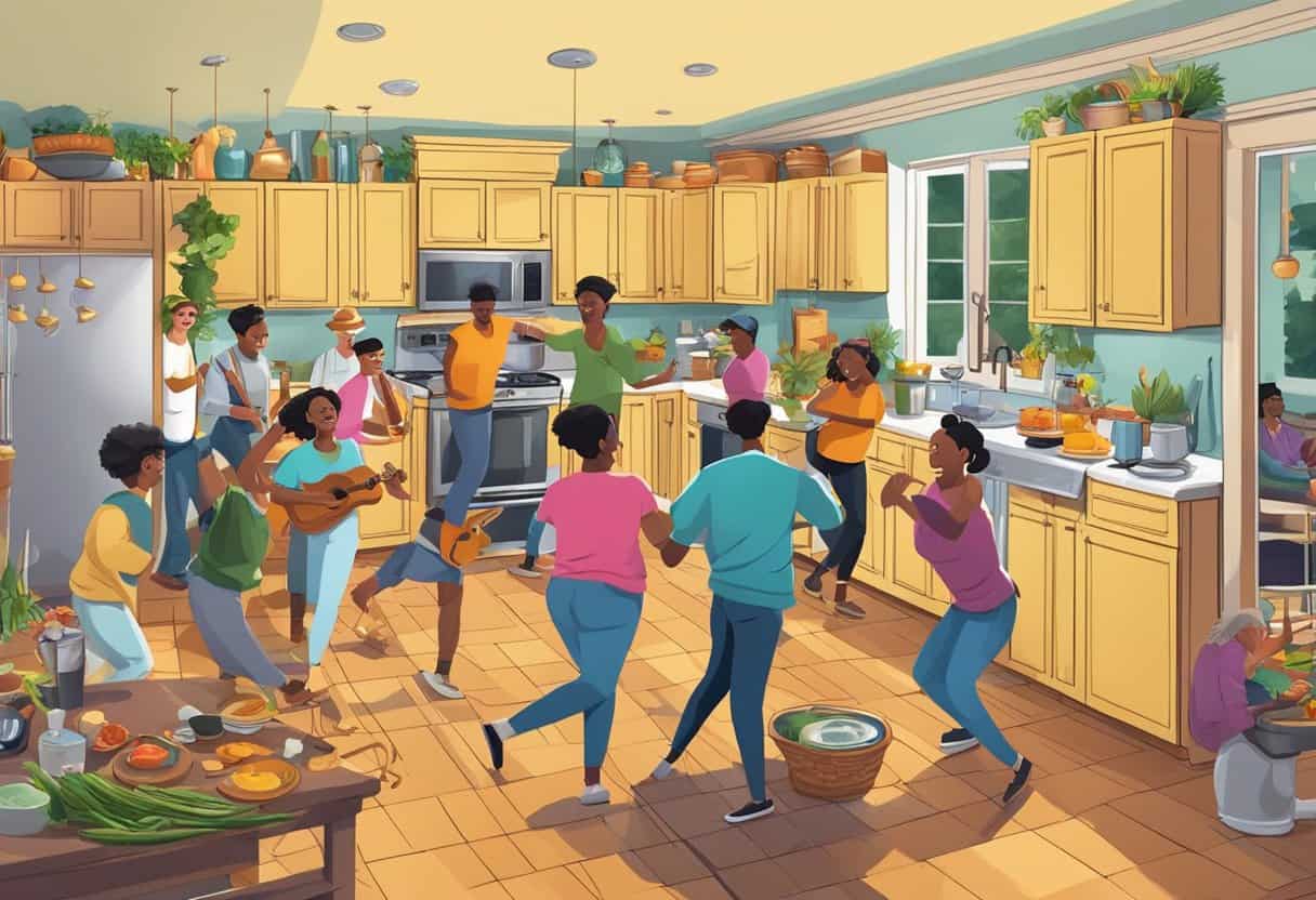 a group of people dancing in a kitchen