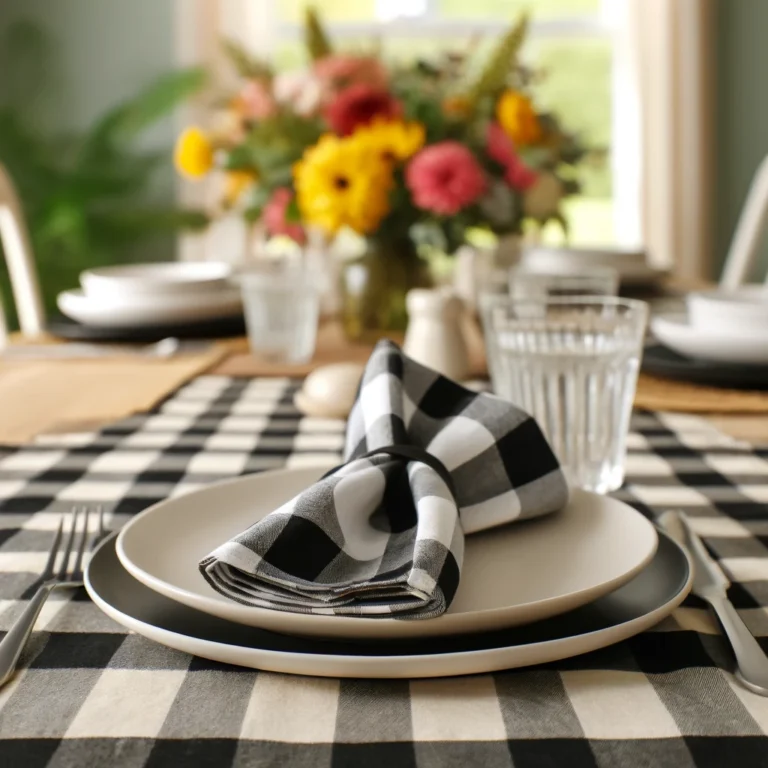 gingham vs. checkered is demonstrated with with a black and white buffalo plaid table setting