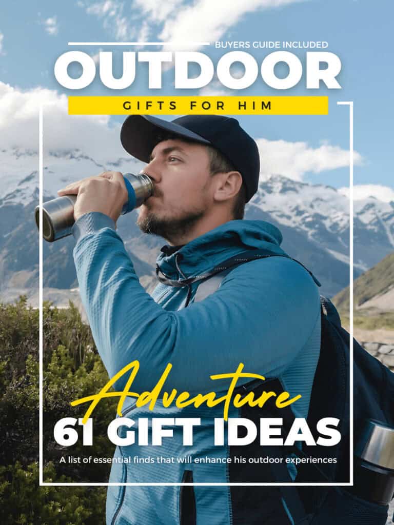 Outdoor Gifts for Him featuring a Mountain Hiker with backpack drinking from thermos