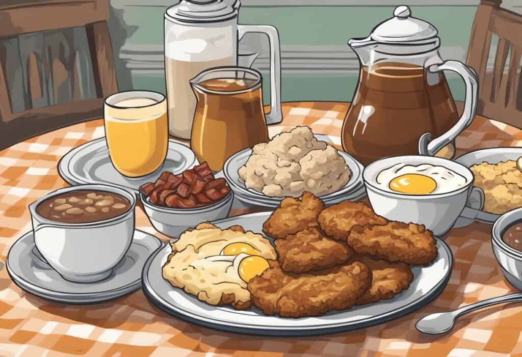 Why Do Southerners Eat So Much For Breakfast demonstrated by a full table of food, coffee and juices