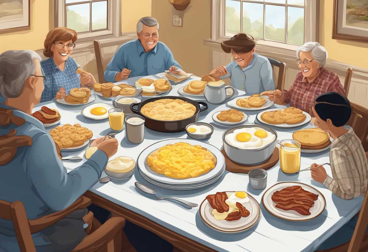 A table set with a spread of biscuits, gravy, grits, bacon, and eggs. Family members gather around, sharing stories and laughter over a hearty southern breakfast