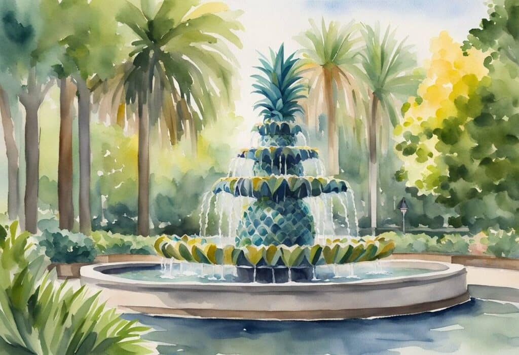 Watercolor of Pineapple Fountain in Charleston, SC