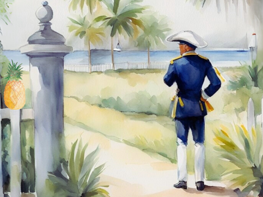 A colonial Charleston, SC Ship Captain gazing out to sea beside a fence post speared with a pineapple - the original symbol of hospitality