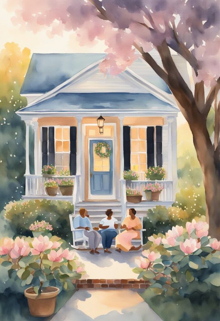 A welcoming Southern front porch scene with a diverse group of ladies chatting on rocking chairs to demonstrate Southern Hospitality Frequently Asked Questions blog post