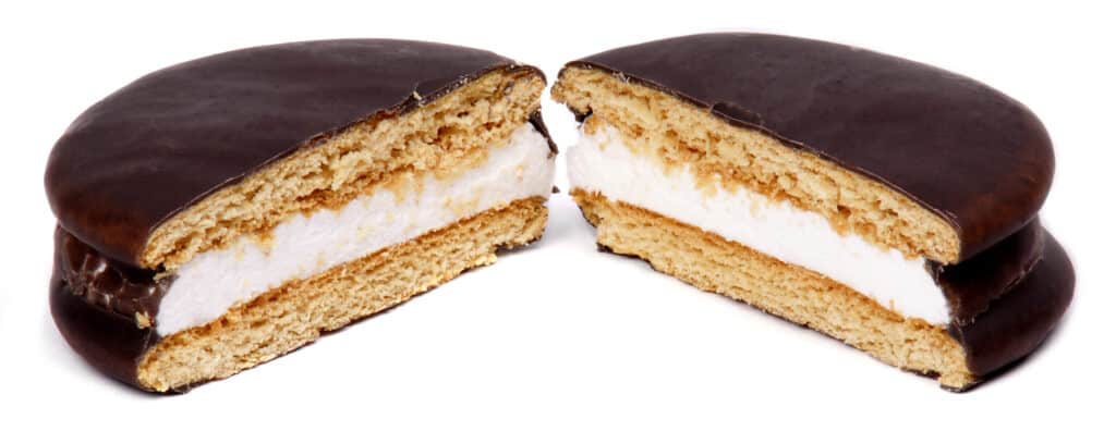 Single Stack Original Chocolate MoonPie Single Stacked Original Chocolate MoonPie Cut in Half