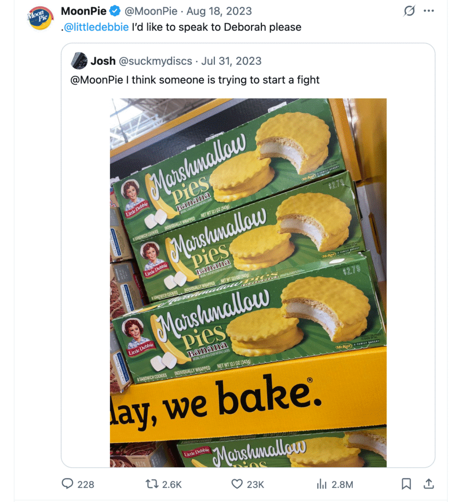 MoonPie Company Screenshot from Twitter A screen shot of Moon Pie's humorous Twitter Post after Little Debbie posted a photo of their "Banana Marshmallow Pies"