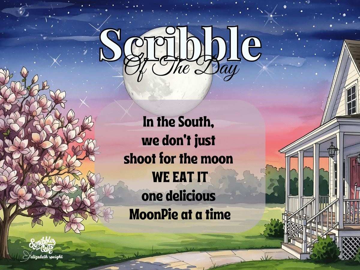 Scribble of the Day Southern Food Quote Scribble and Grits Scribble of the Day Southern Food Quote featuring a Tulip Magnolia in Bloom, a southern front porch and a full moon: " In the South, we don't just shoot for the moon, WE EAT IT. One delicious MoonPie at a time"