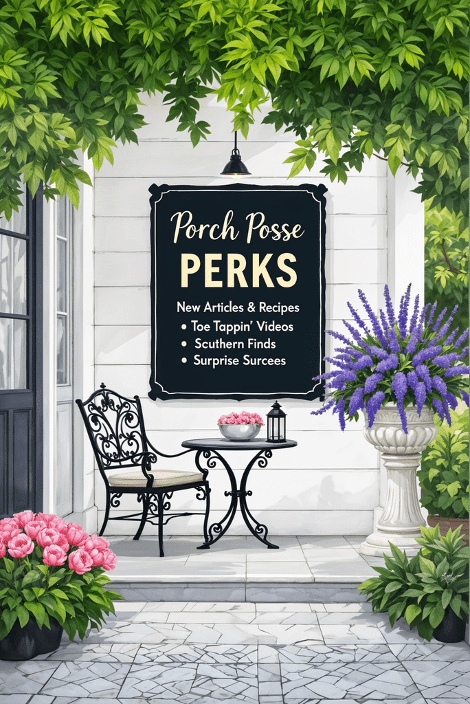 Scribbles_and_Grits_Porch_Posse_Newsletter_optimized A southern piazza with black wrought iron furniture and an urn of vibrant purple flowers with a wall sign for the Scribbles and Grits Porch Posse Newsletter Perks listed below it's heading