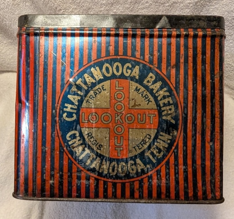 A vintage Chattanooga Bakery 'Lookout' tin - before the MoonPie became their signature product, the Lookout brand was well-known throughout the region Vintage Chattanooga Bakery LookOut Tin